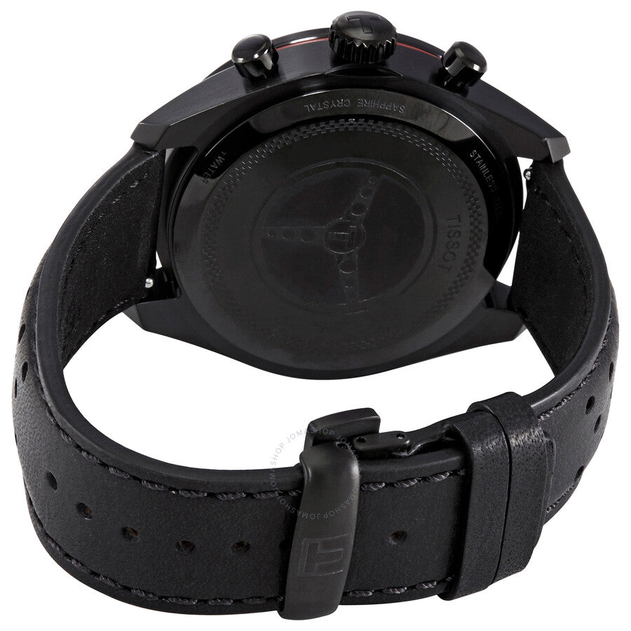 Tissot PRS 516 watch caseback showing closed display back and black leather strap