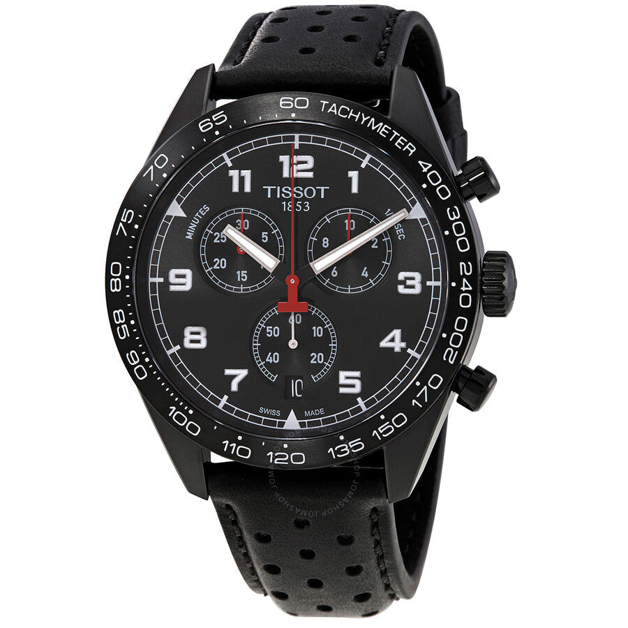 Tissot PRS 516 chronograph watch with black dial, tachymeter bezel, and three subdials