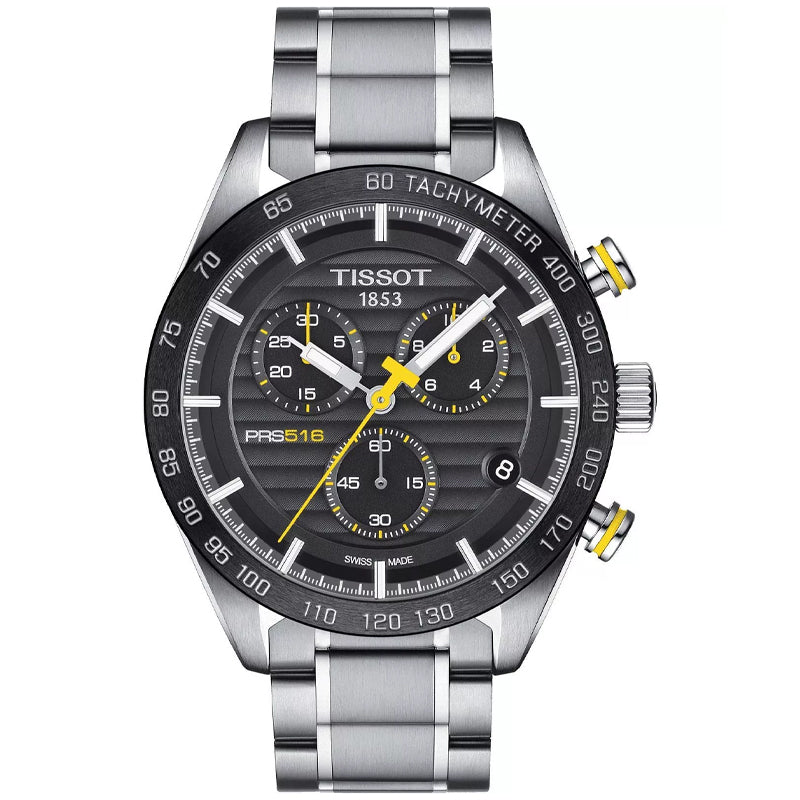 Tissot PRS 516 Chronograph with black dial, yellow hands, and tachymeter bezel