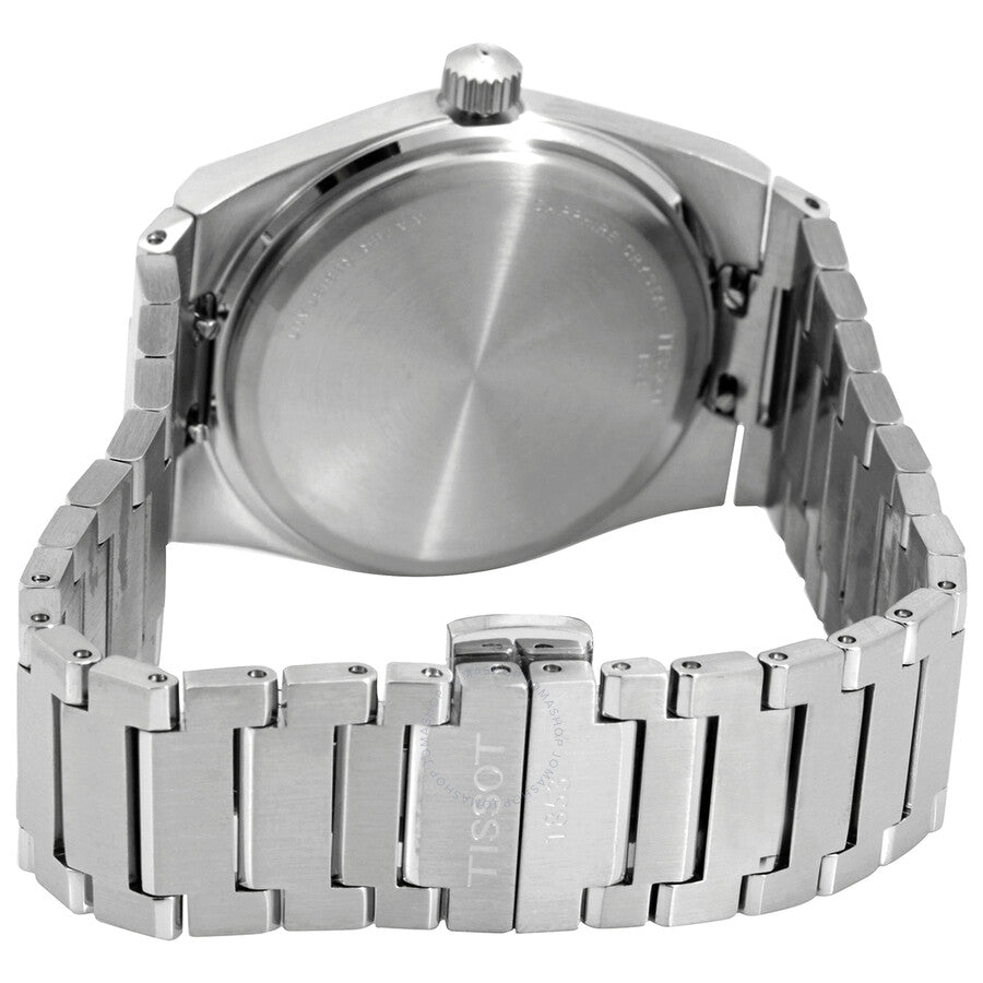 Tissot PRX 35 caseback showing brushed stainless steel with engravings