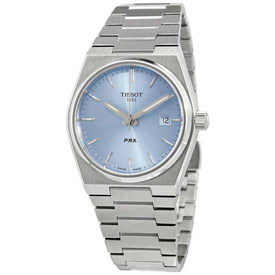 Tissot PRX 35 quartz watch with light blue dial and stainless steel bracelet