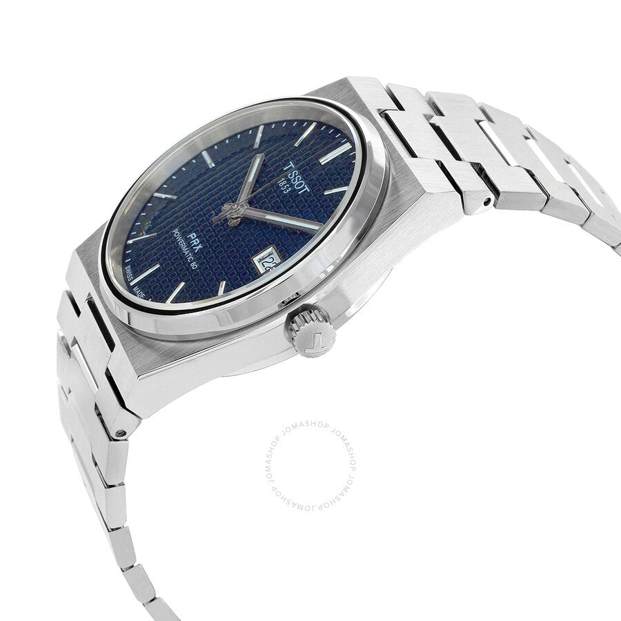 Tissot PRX Powermatic 80 watch on wrist angle view with blue dial and steel bracelet