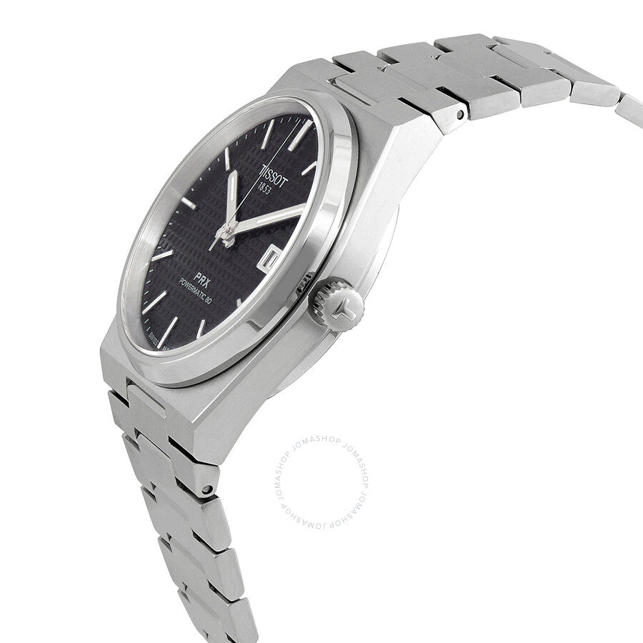 Tissot PRX Powermatic 80 watch side angle view showing case profile and stainless steel bracelet