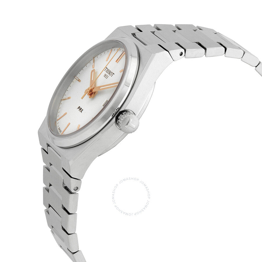 Tissot PRX ladies watch side angle showing stainless steel bracelet and case profile