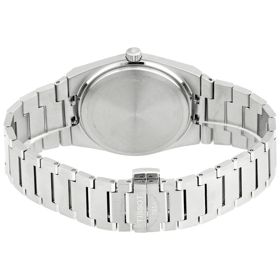 Tissot PRX watch case back showing stainless steel back plate and bracelet
