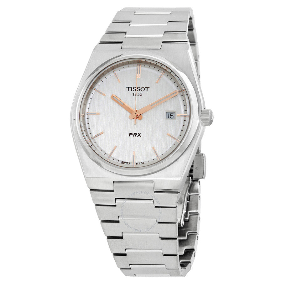 Tissot PRX quartz men's watch with silver dial, rose gold hands, and stainless steel bracelet