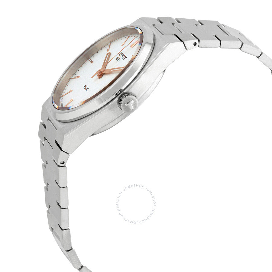 Tissot PRX watch side view showing silver stainless steel case and bracelet profile