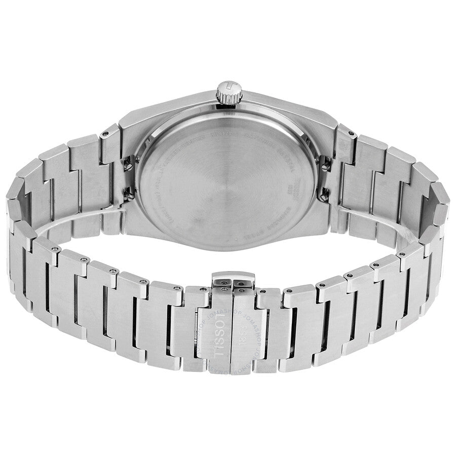 Tissot PRX watch caseback showing stainless steel case and bracelet
