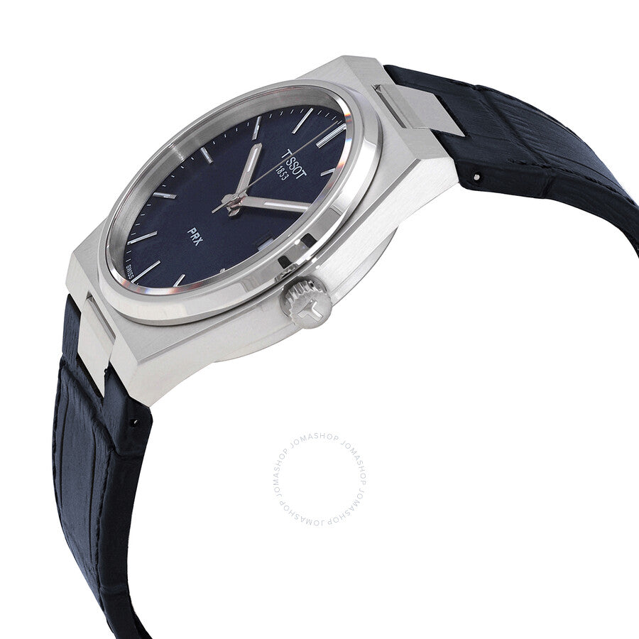 Side angle view of Tissot PRX with blue dial and steel case
