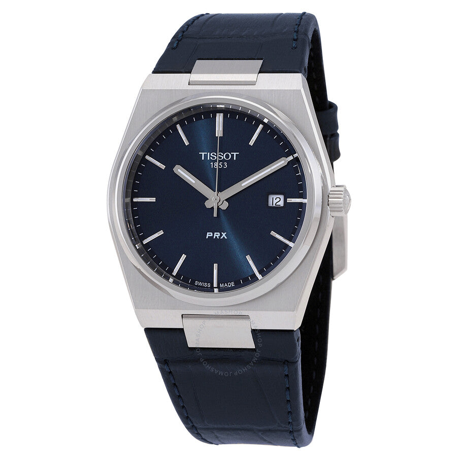 Tissot PRX quartz watch with blue dial, stainless steel case, and navy leather strap
