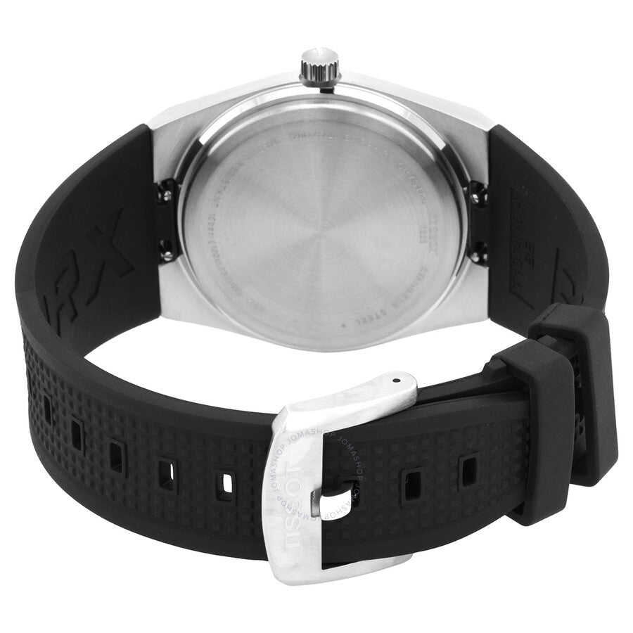 Tissot PRX watch caseback showing stainless steel back with visible strap attachment