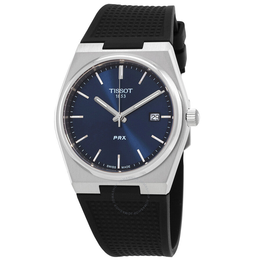 Tissot PRX quartz men's watch with blue dial, stainless steel case, and black rubber strap
