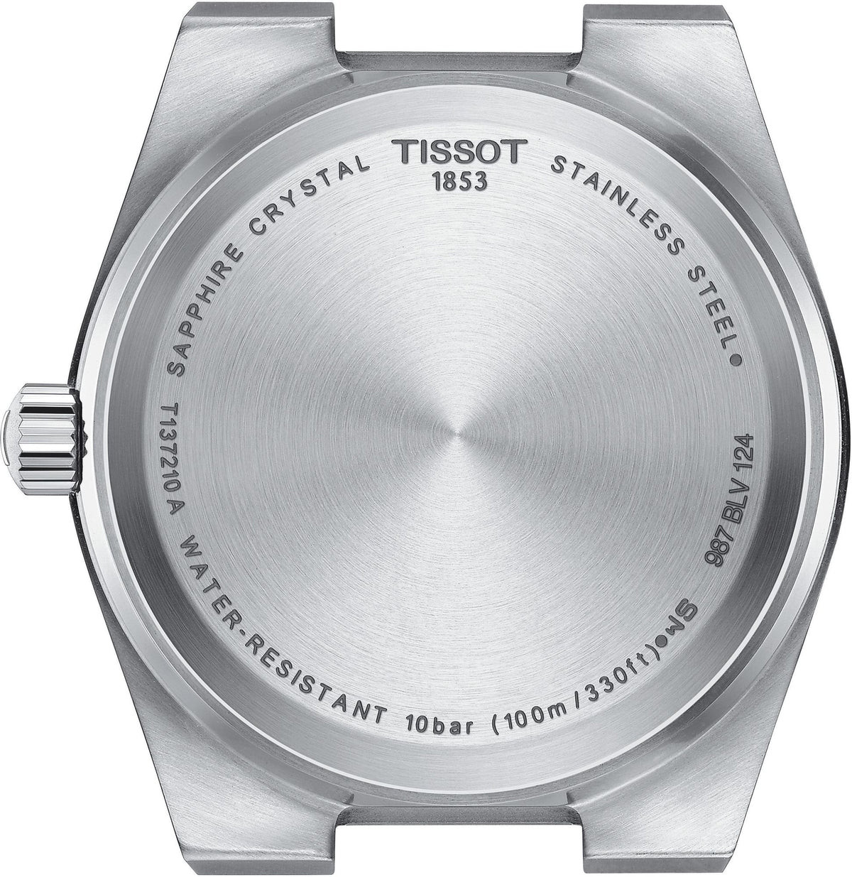 Tissot PRX caseback detail with 1853 logo and sapphire crystal, water-resistant specifications
