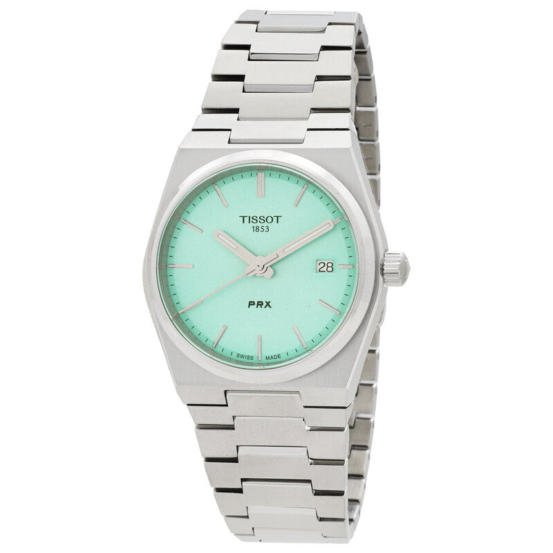 Tissot PRX 35mm watch with light green dial and stainless steel bracelet