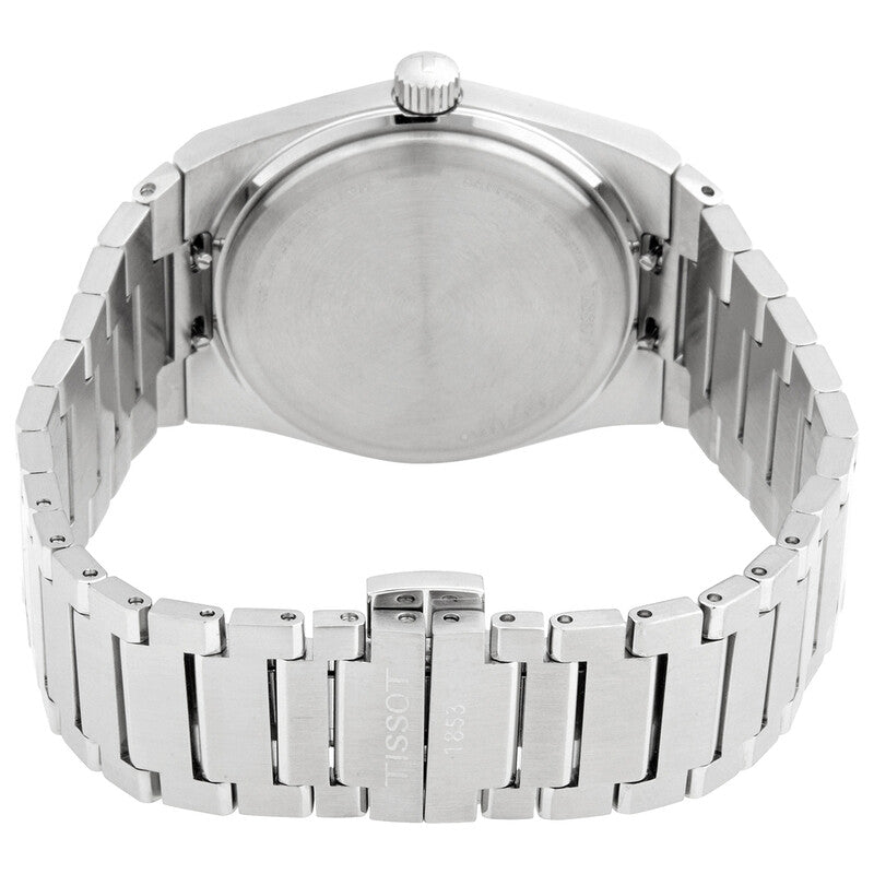Caseback view of Tissot PRX showing stainless steel case with integrated bracelet