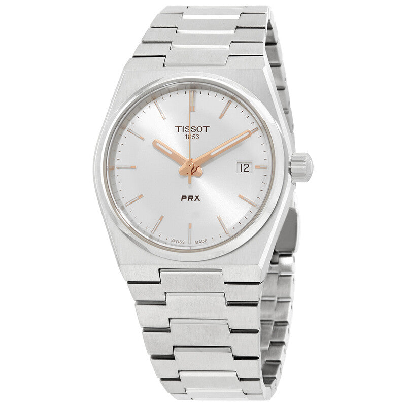 Tissot PRX 35mm quartz watch with silver dial, rose gold hands, stainless steel case and bracelet