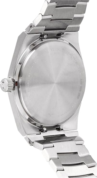 Tissot PRX watch caseback and clasp detail showing steel construction and fastening mechanism