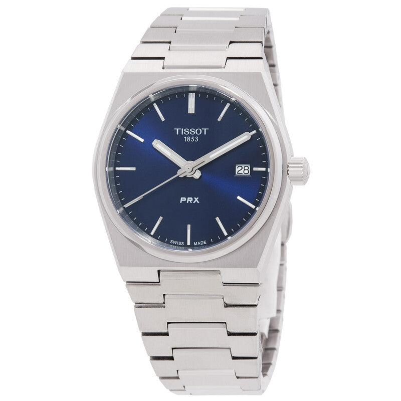 Tissot PRX quartz watch with blue dial, silver steel case and bracelet, date window at 3 o'clock