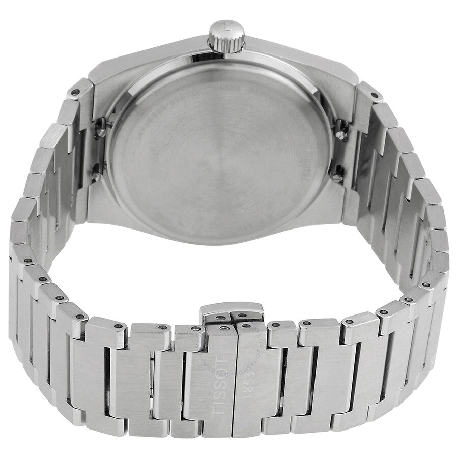 Tissot PRX watch caseback view showing stainless steel case back and bracelet