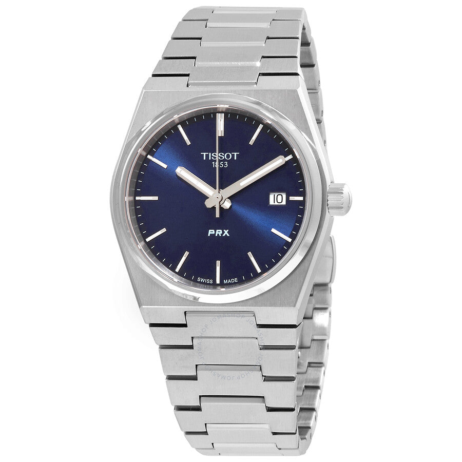 Tissot PRX quartz watch with blue dial, stainless steel case and bracelet, date window