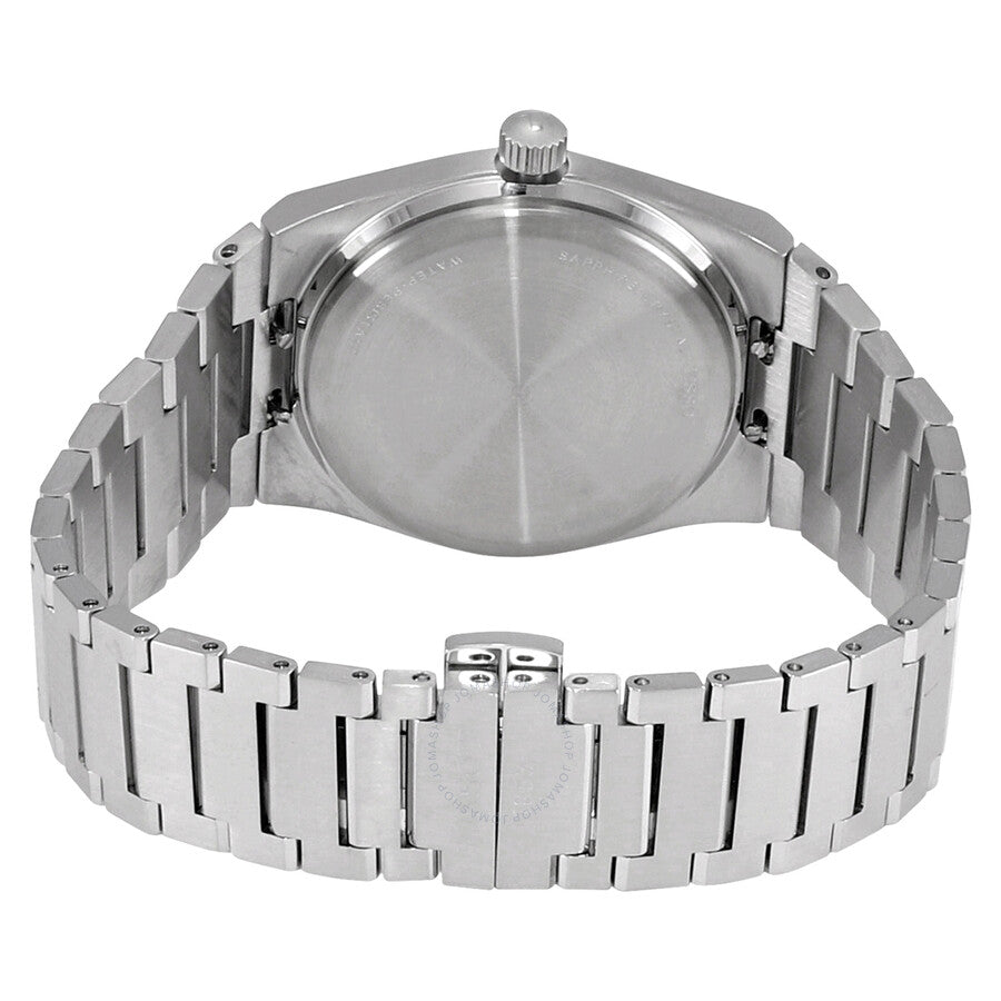 Tissot PRX watch caseback showing stainless steel back with bracelet attachment