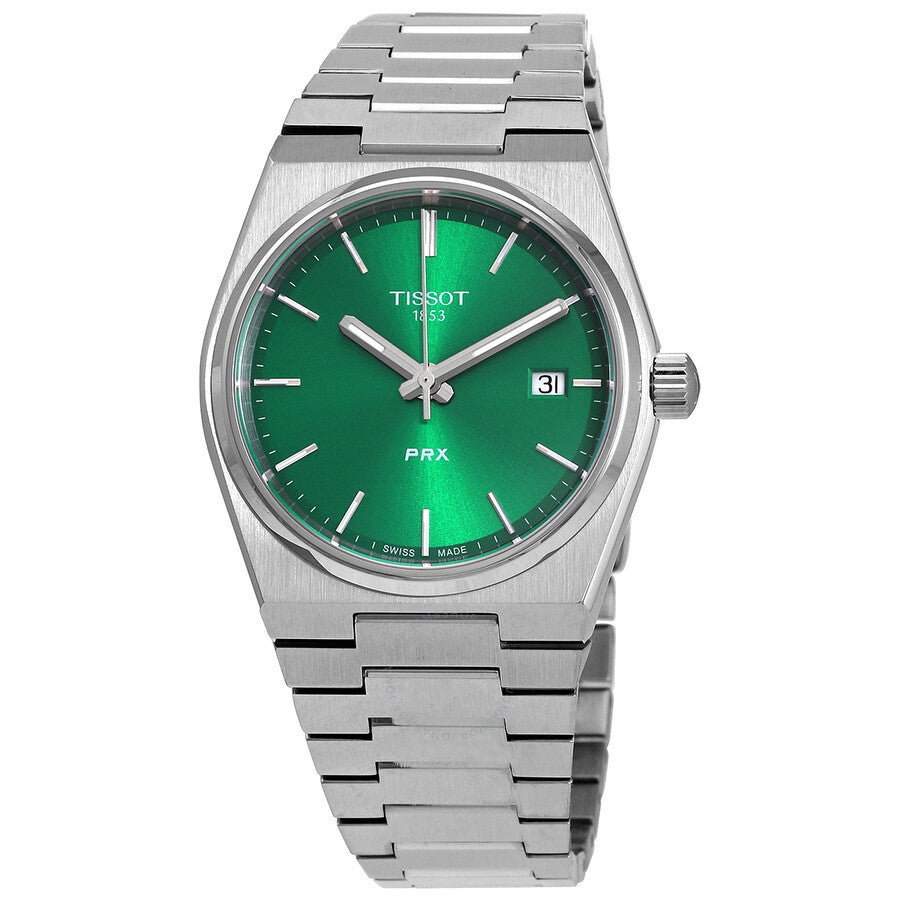 Tissot PRX quartz watch with green dial, silver stainless steel bracelet and date window