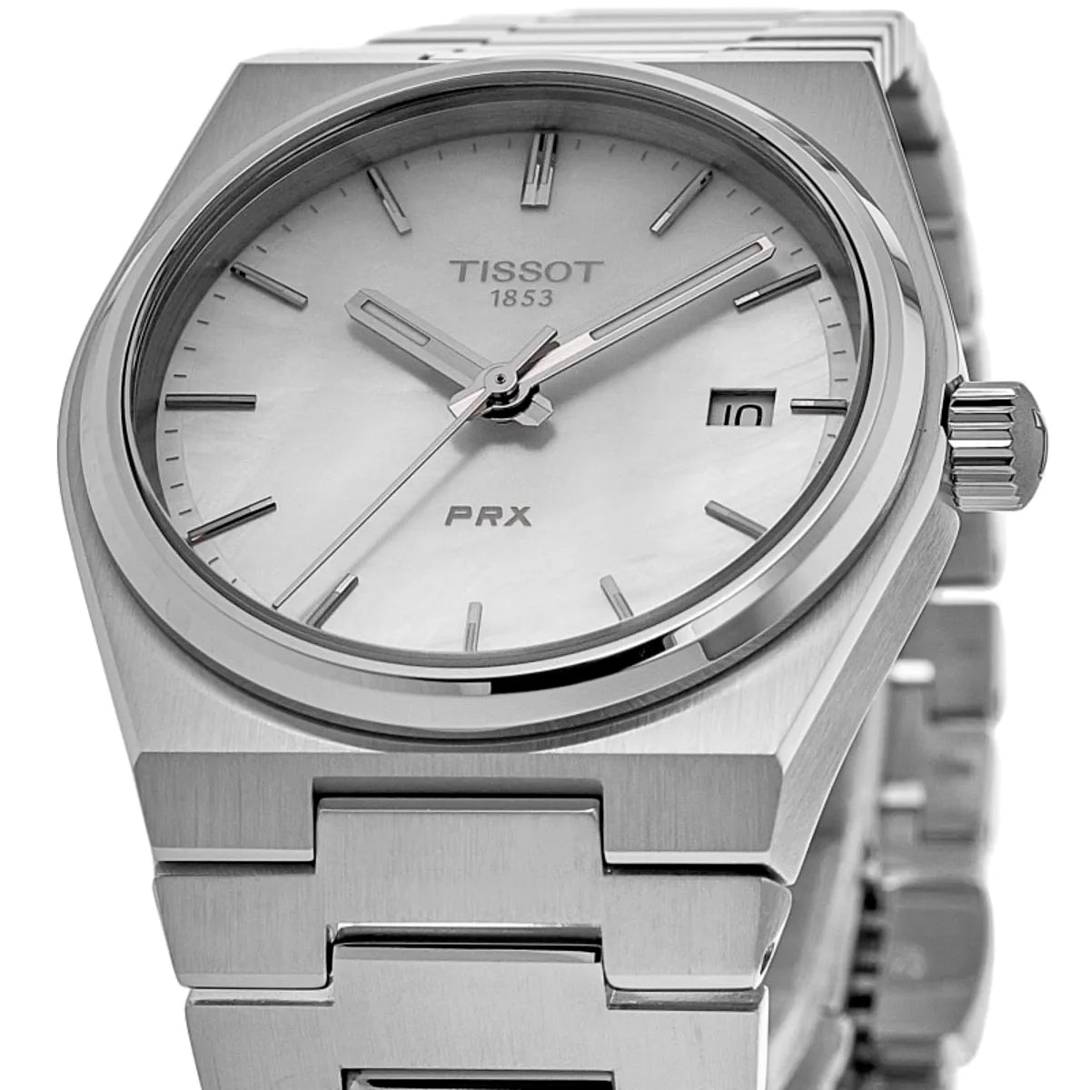 Angled view of Tissot PRX watch showing square case and white dial