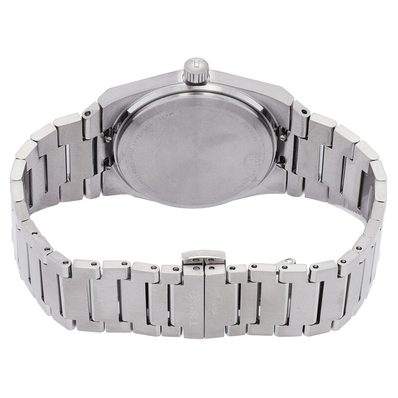 Caseback of Tissot PRX steel watch showing band attachment