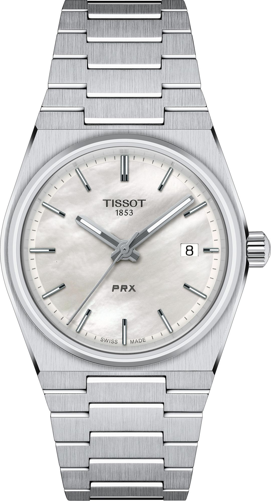 Tissot PRX 35mm women's watch with white mother of pearl dial and steel bracelet