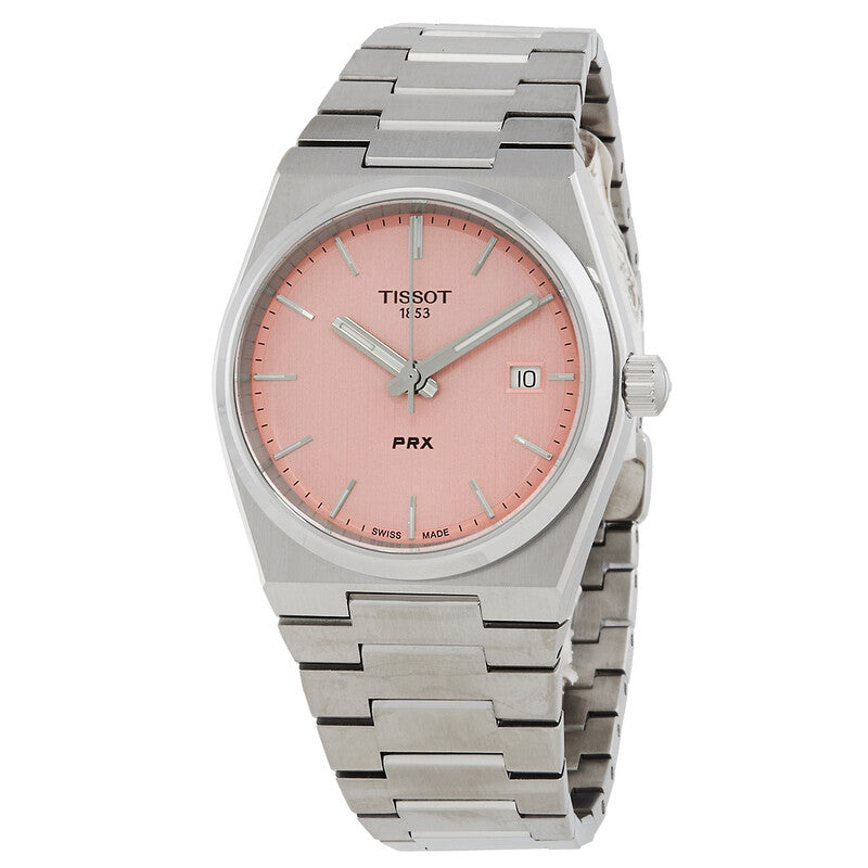 Tissot PRX 35mm watch with pink dial, stainless steel case and bracelet