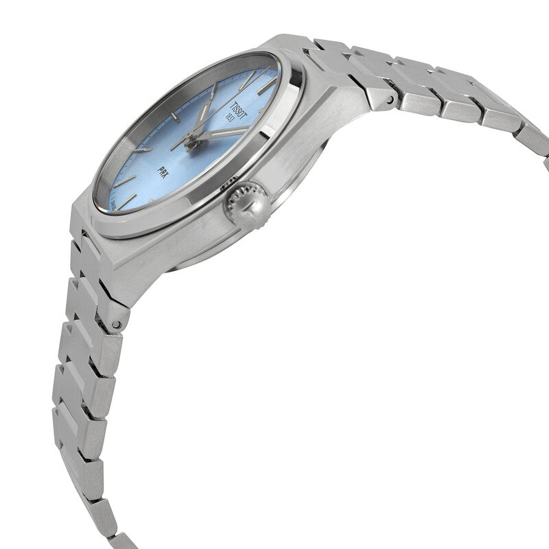 Tissot PRX women's watch side profile showing silver steel bracelet and case