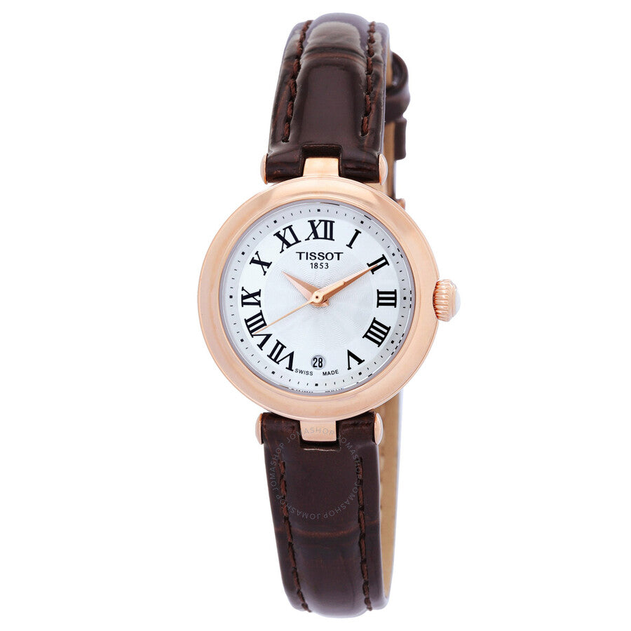 Tissot quartz white dial ladies watch with rose gold case and brown leather strap