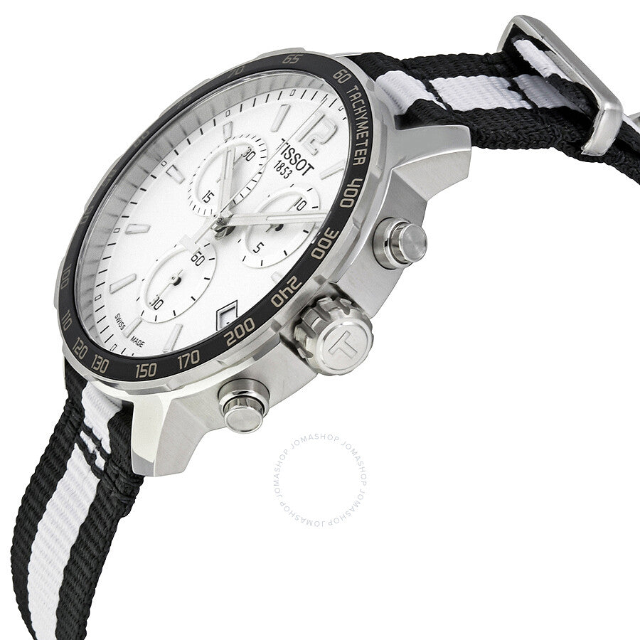 Angled side view of Tissot Quickster chronograph showing case profile and fabric strap