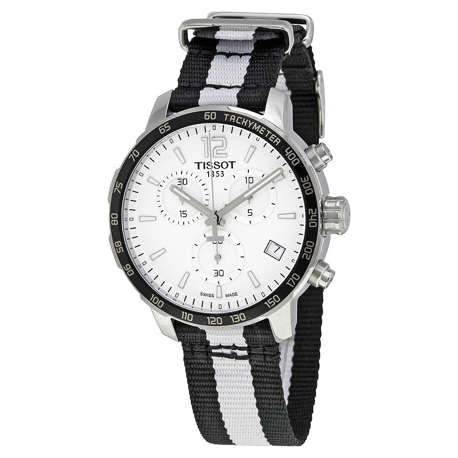 Tissot Quickster Brooklyn Nets chronograph watch with white dial and black/white striped strap