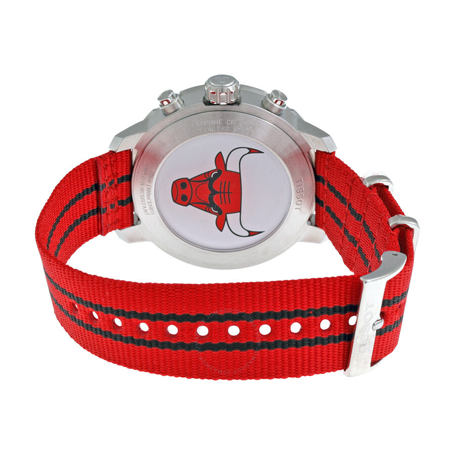 Tissot Quickster Chicago Bulls watch caseback displaying team logo on white dial with red fabric strap