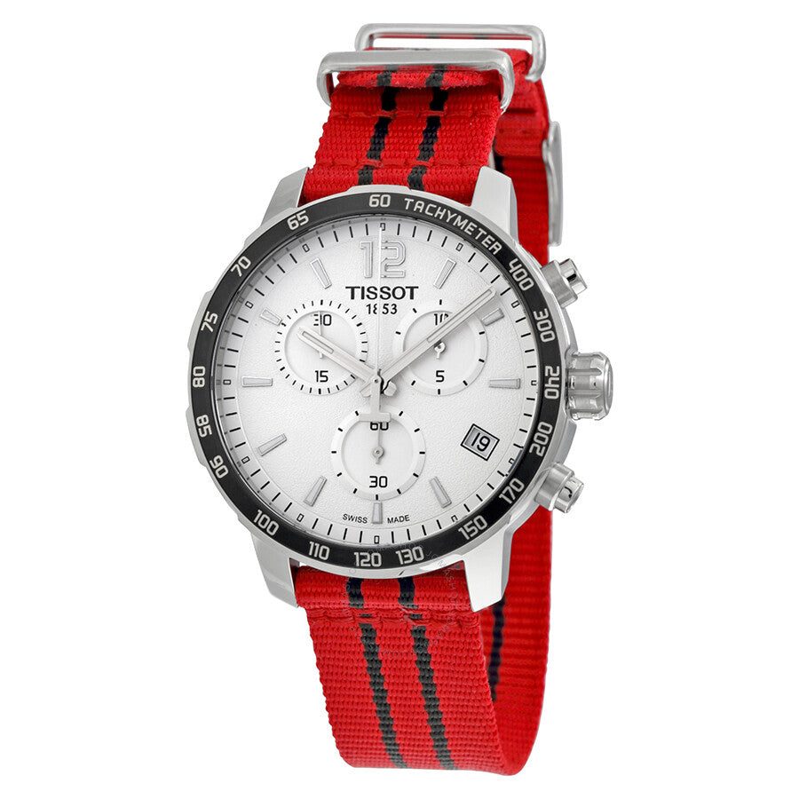 Tissot Quickster Chicago Bulls NBA watch with white chronograph dial, black bezel, and red fabric strap