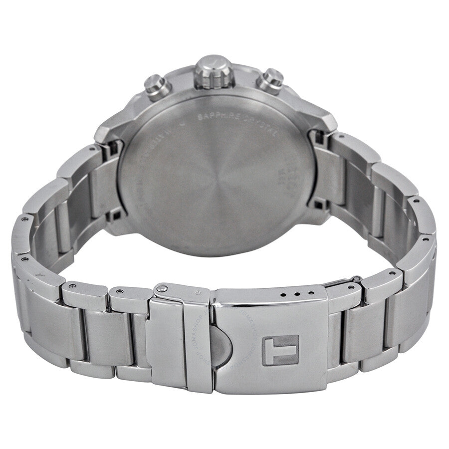 Tissot Quickster case back showing stainless steel caseback and integrated link bracelet