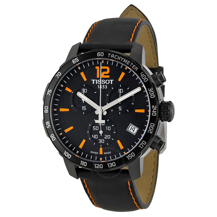 Tissot Quickster chronograph black dial watch with orange hour markers and tachymeter bezel