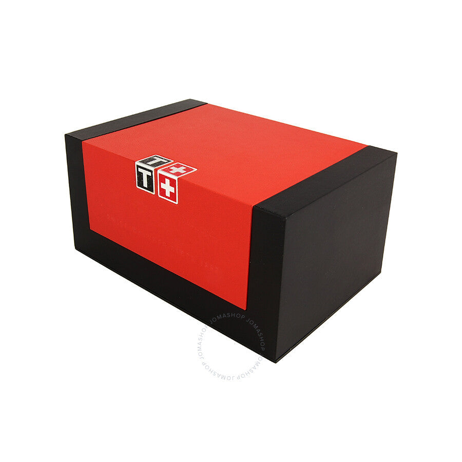 Tissot watch presentation box with red lid and black base featuring Tissot branding