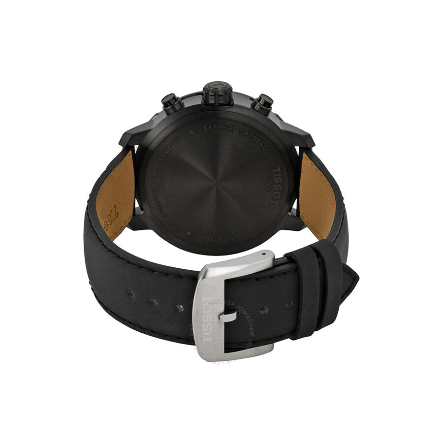 Caseback view of Tissot Quickster chronograph with black case and leather strap buckle