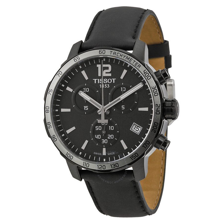 Tissot Quickster chronograph watch with black dial, stainless steel case, and black leather strap
