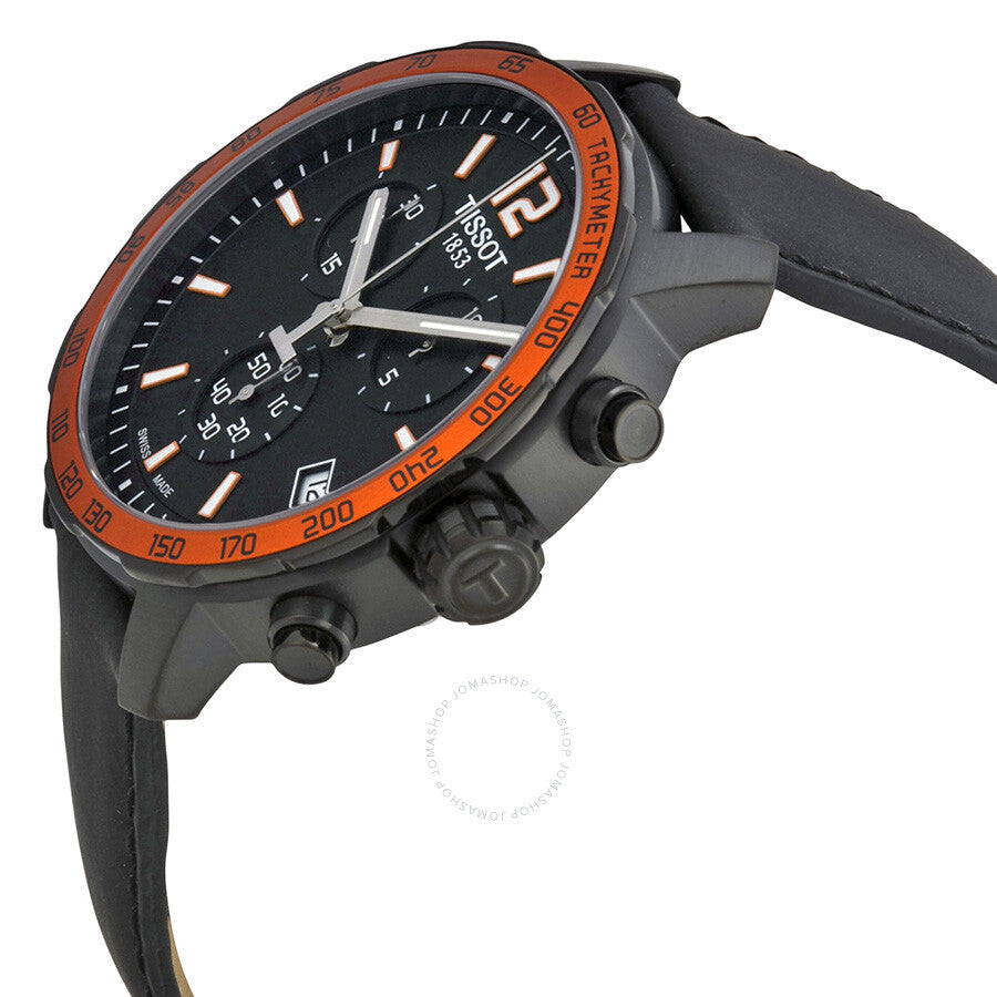 Tissot Quickster watch angled view showing case profile and black leather strap