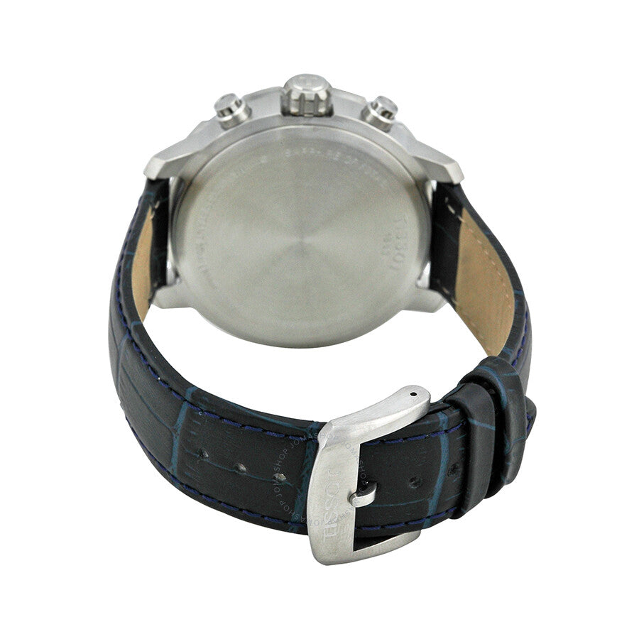 Tissot Quickster Chronograph caseback with stainless steel back and black leather strap