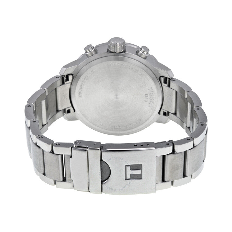 Tissot Quickster Chronograph caseback view showing stainless steel bracelet and Tissot clasp