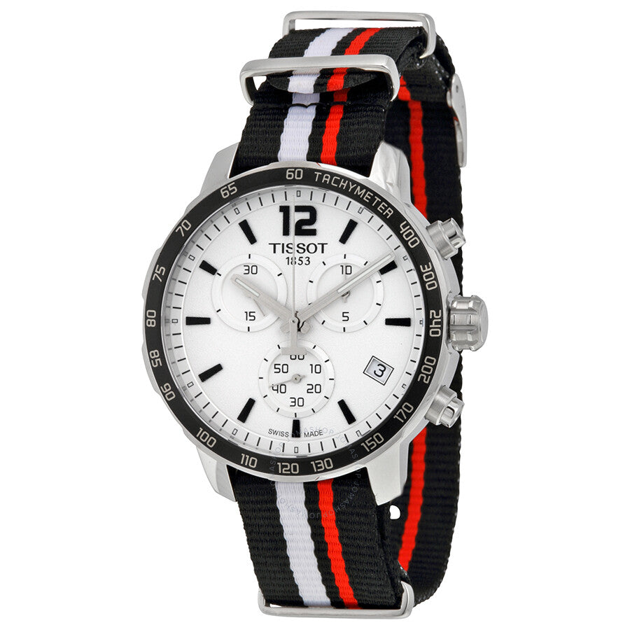 Tissot Quickster Chronograph silver dial mens watch with red, white and black striped fabric strap