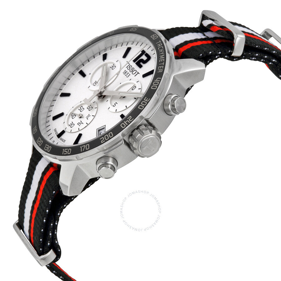 Tissot Quickster Chronograph watch angled view showing silver dial and chronograph subdials on striped strap