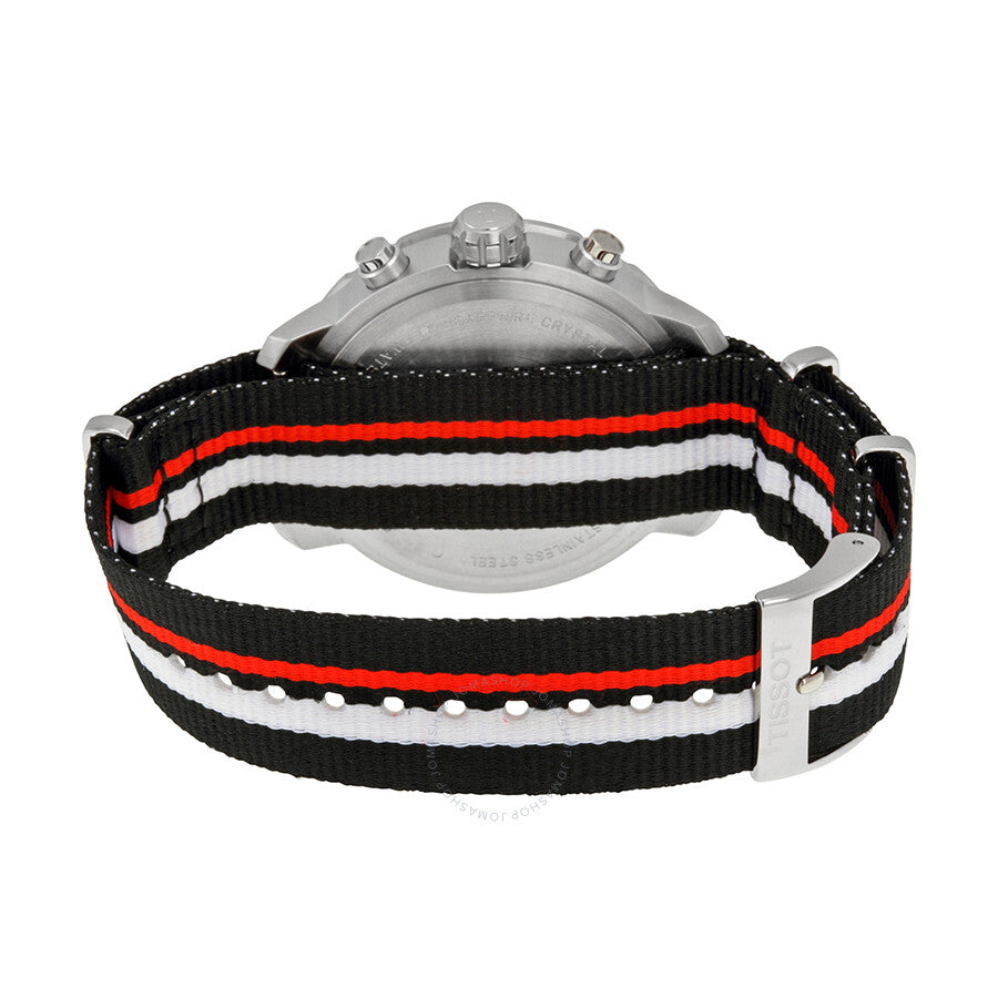 Back view of Tissot Quickster watch showing red, white and black striped fabric strap