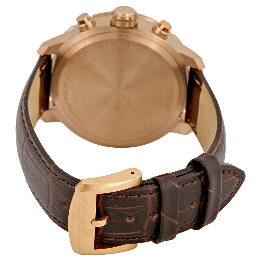 Tissot Quickster Chronograph caseback with rose gold finish and leather strap