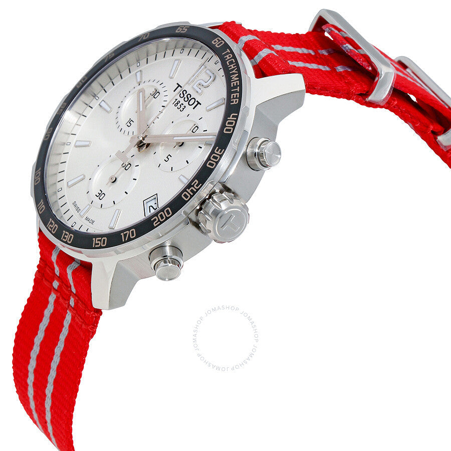 Tissot Quickster Houston Rockets watch angled view showing white dial and red striped strap