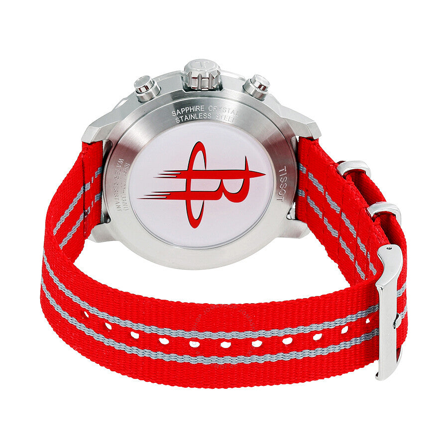 Tissot Quickster Houston Rockets watch caseback showing Rockets logo and red fabric strap